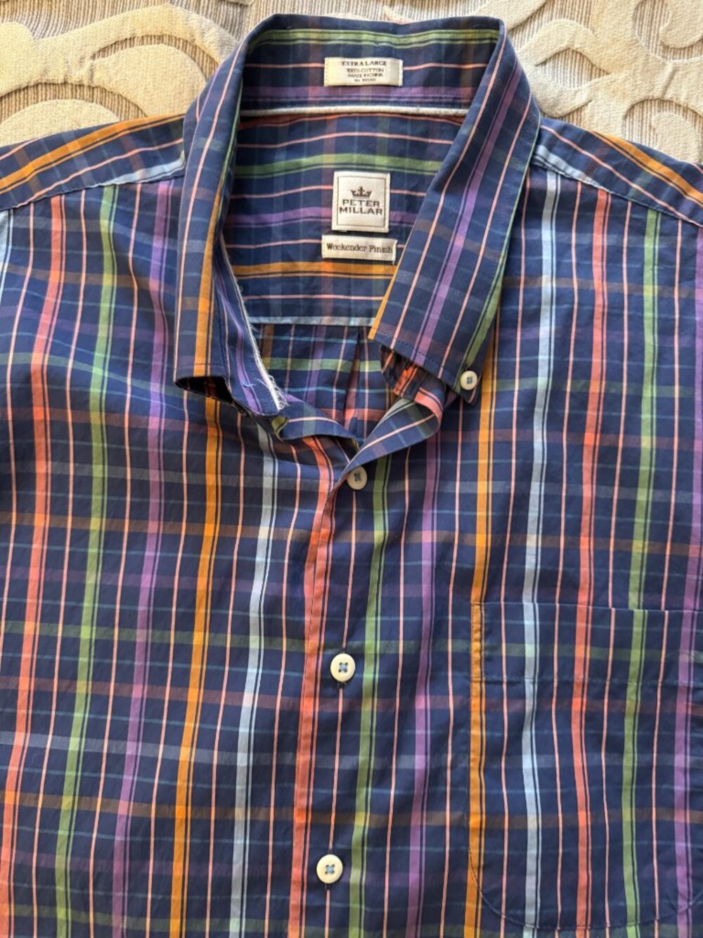 Peter Millar Weekender Finish Button Down Mens XL Plaid Blue Shirt 100% Cotton